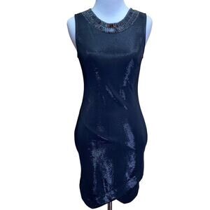 ASTR Black Shiny Sequin Beaded Neckline Bodycon Mini Dress Small